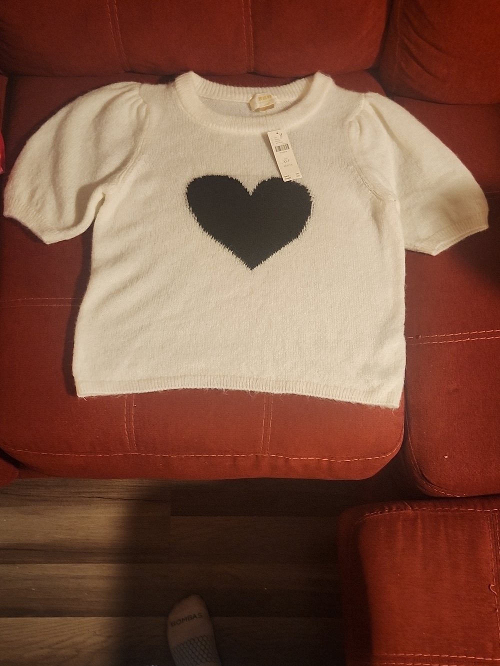 Anthropologie Maeve White Knit Top with Black Heart Motif